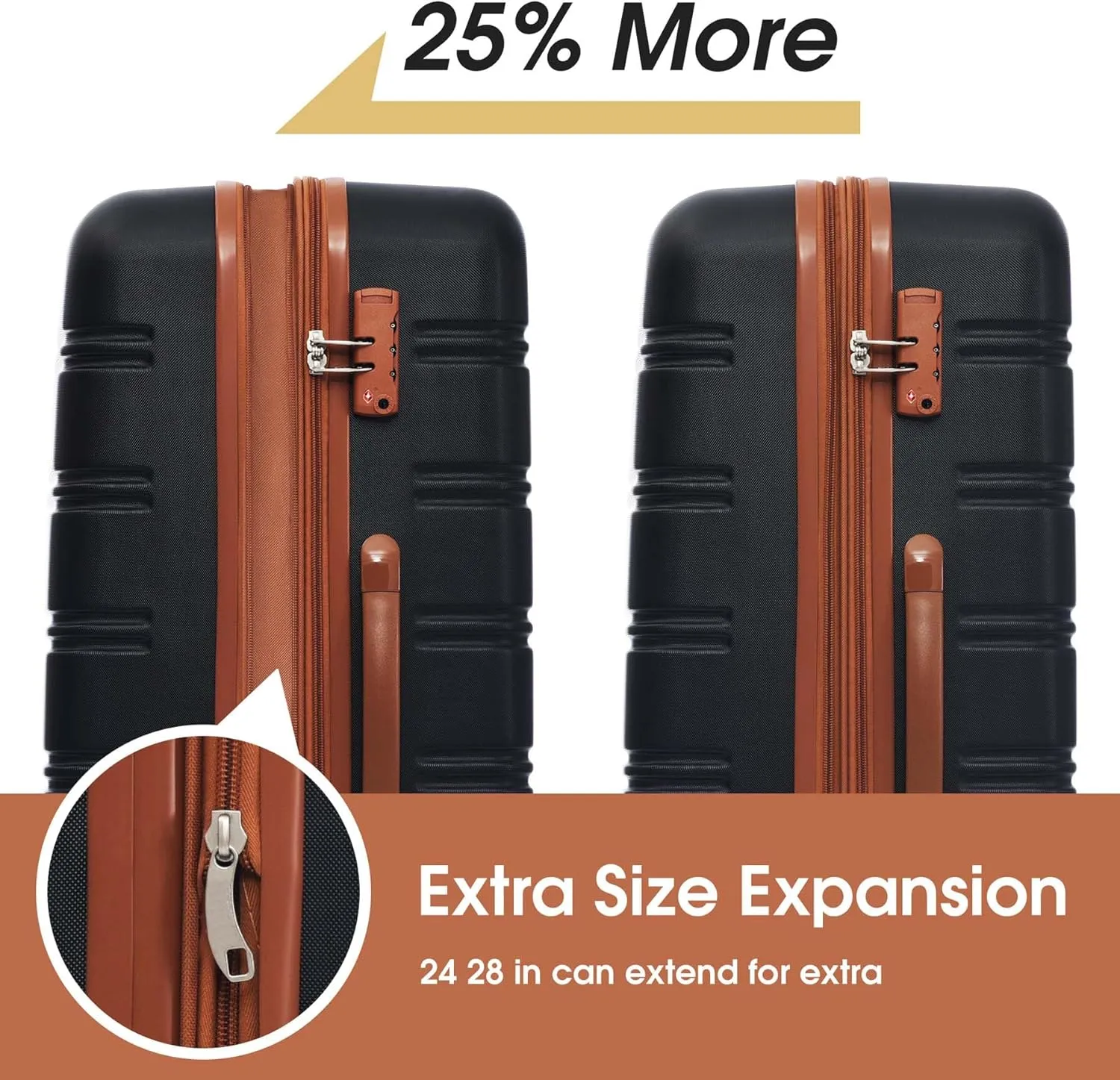 2-Piece Luggage Set, 24 inch Spinner Wheels, Lightweight Hard Shell Suitcase with TSA Lock, ABS (Black Brown)