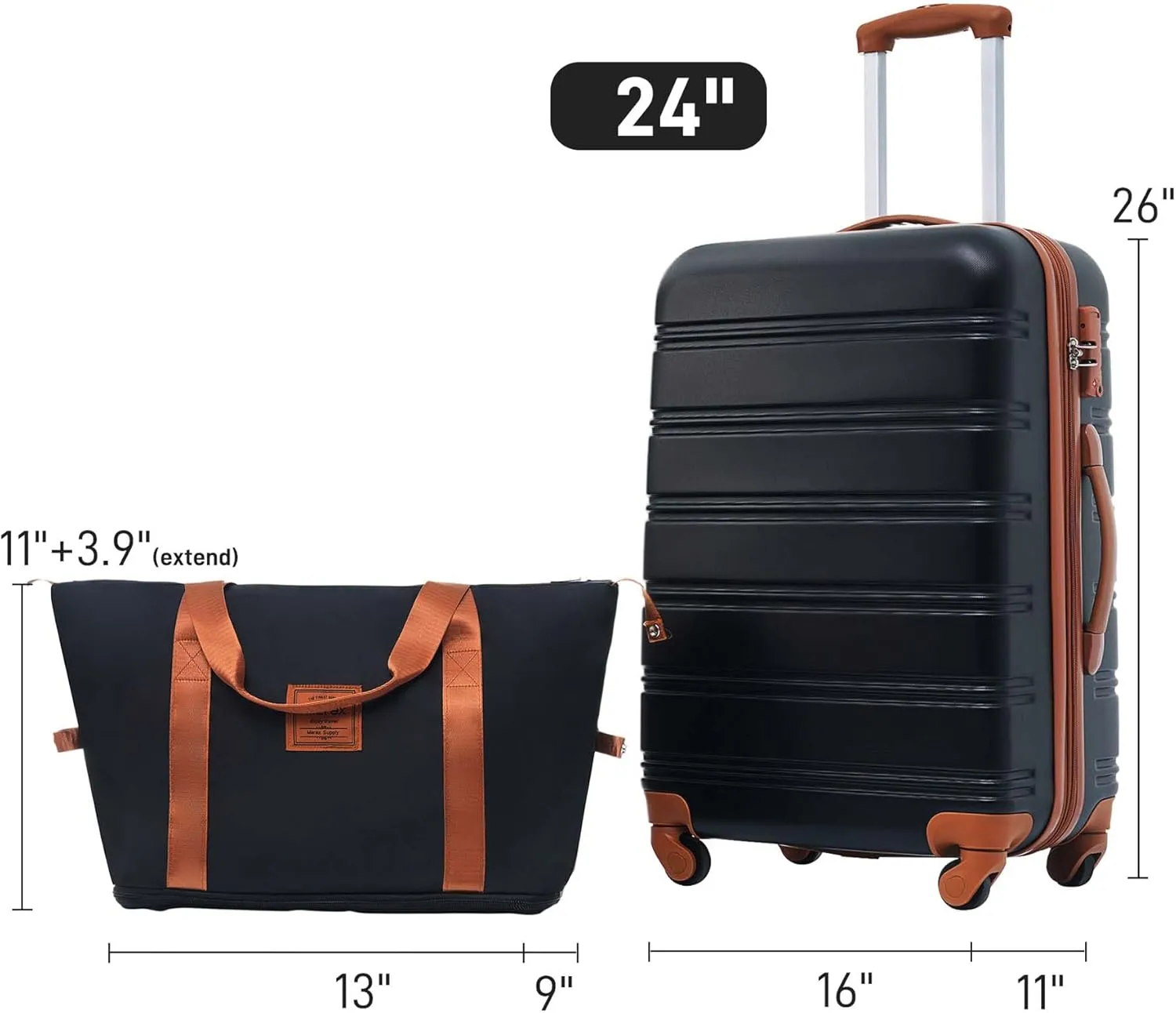 2-Piece Luggage Set, 24 inch Spinner Wheels, Lightweight Hard Shell Suitcase with TSA Lock, ABS (Black Brown)