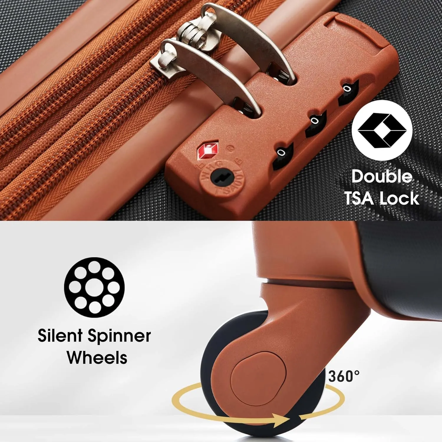 2-Piece Luggage Set, 24 inch Spinner Wheels, Lightweight Hard Shell Suitcase with TSA Lock, ABS (Black Brown)
