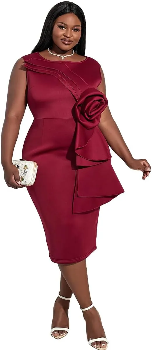 AOMEI Women Floral Layered Sleeveless Dress Ruffle Back Slit Wine Midi Sheath Dresses for Womens Elegant Wedding Guest