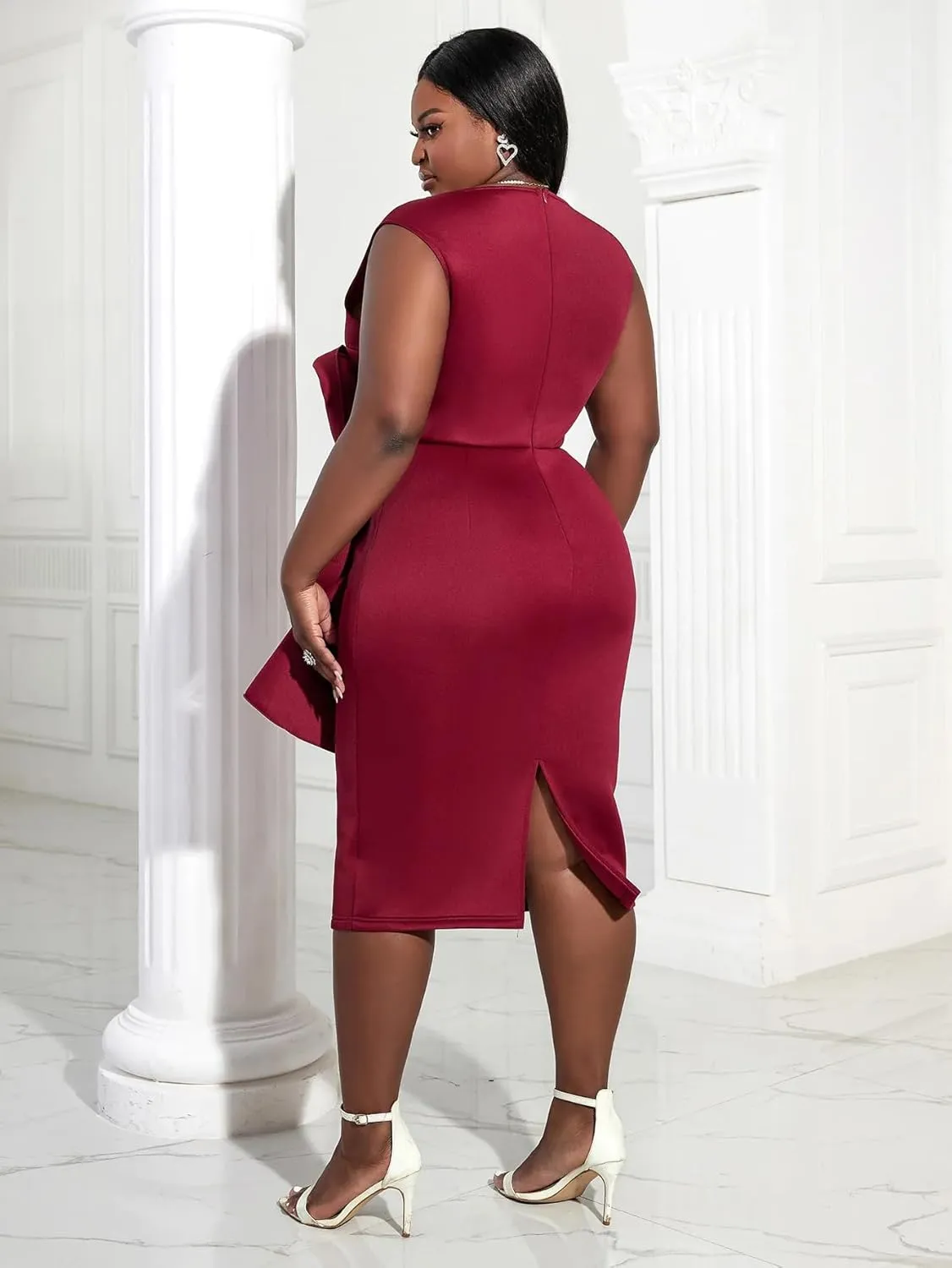 AOMEI Women Floral Layered Sleeveless Dress Ruffle Back Slit Wine Midi Sheath Dresses for Womens Elegant Wedding Guest