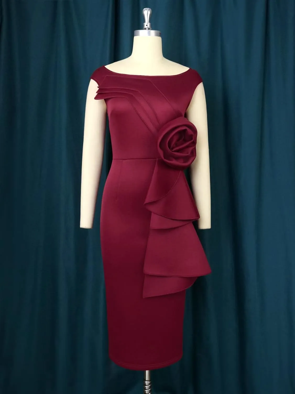 AOMEI Women Floral Layered Sleeveless Dress Ruffle Back Slit Wine Midi Sheath Dresses for Womens Elegant Wedding Guest