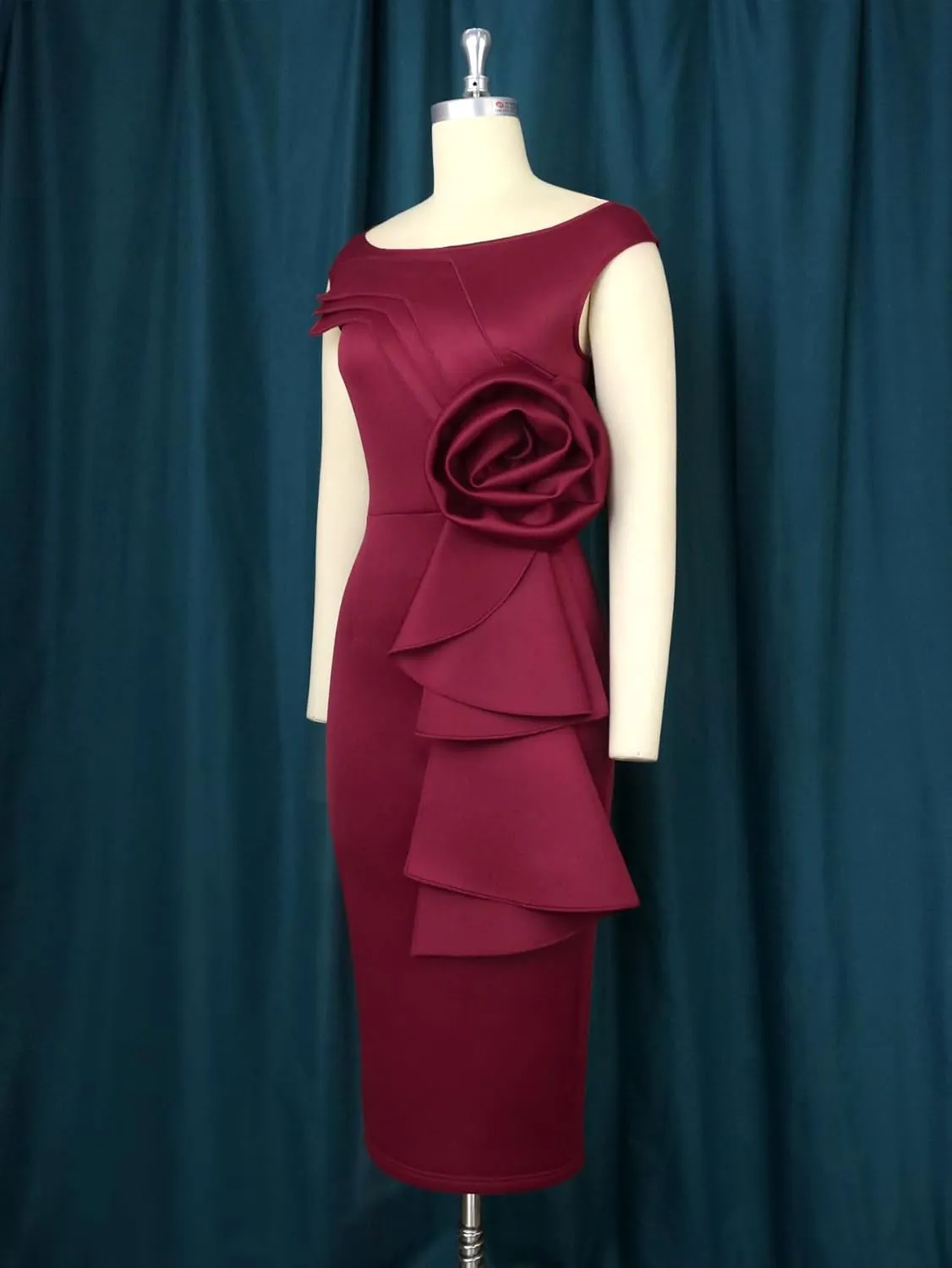 AOMEI Women Floral Layered Sleeveless Dress Ruffle Back Slit Wine Midi Sheath Dresses for Womens Elegant Wedding Guest