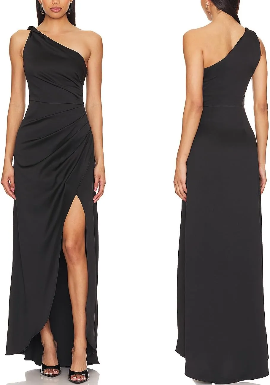 Capuffy Women Elegant One Shoulder Bodycon Maxi Dress Ruched Waist High Slit Cocktail Party Dress Backless Biarritz Gown 02