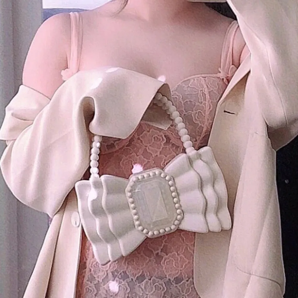 Christmas Gift Brands Bow Jelly Women Handbag Cute Beading Handle Clutch Sweet PVC Hand Bags and Purse Big Diamonds Evening Party Bags Lady INS