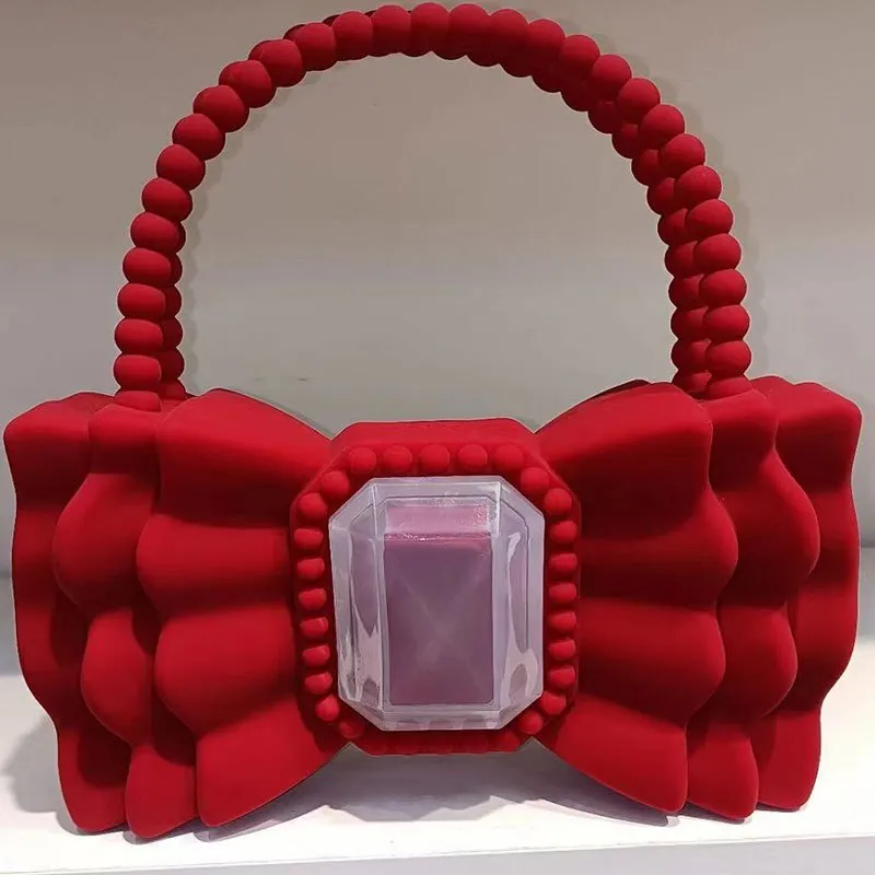 Christmas Gift Brands Bow Jelly Women Handbag Cute Beading Handle Clutch Sweet PVC Hand Bags and Purse Big Diamonds Evening Party Bags Lady INS