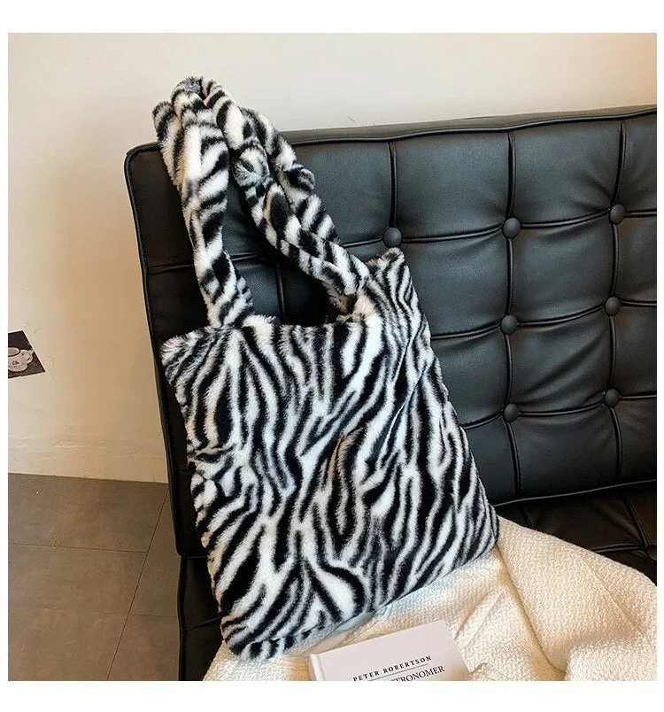 Christmas Gift Fashion Leopard Plush Tote Designer Animal Printed Women Shoulder Bag Winter Soft Fluffy Shopper Bags for Women Handbags 2021