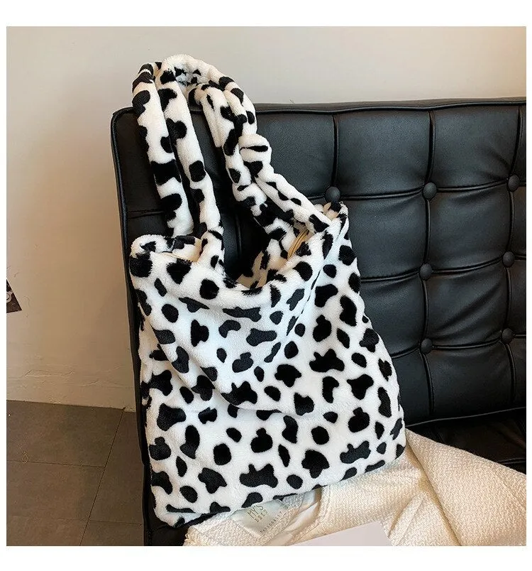 Christmas Gift Fashion Leopard Plush Tote Designer Animal Printed Women Shoulder Bag Winter Soft Fluffy Shopper Bags for Women Handbags 2021