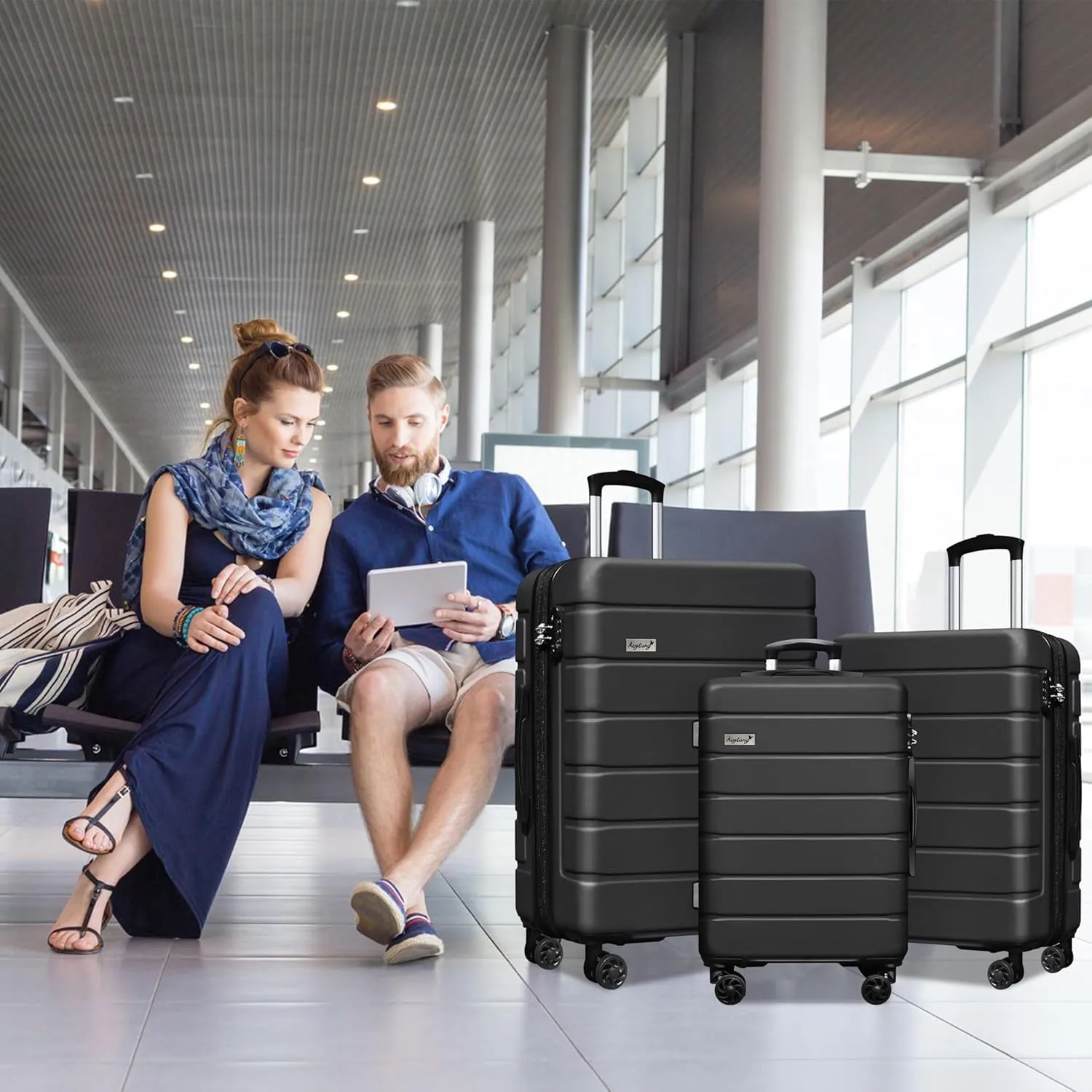 Explorer Lightweight Hardshell 20% Expandable 3-Piece Luggage Set with TSA Lock, Double Spinner Wheels, and Carry-On Suitcase, Black