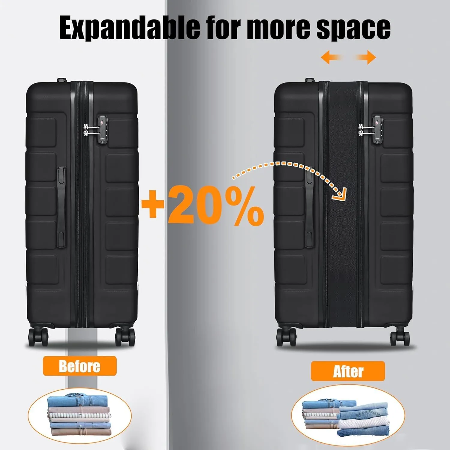 Explorer Lightweight Hardshell 20% Expandable 3-Piece Luggage Set with TSA Lock, Double Spinner Wheels, and Carry-On Suitcase, Black