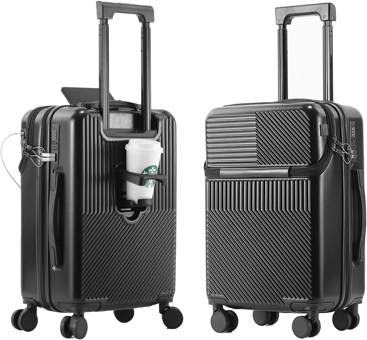 Hardside Carry On Luggage Airline Approved with Cup Holder,Lightweight PC Hard Shell Suitcases with Front Pocket, Spinner Wheels, TSA Lock (Black, 20inch)