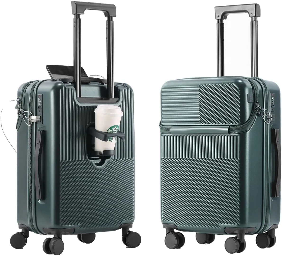 Hardside Carry On Luggage Airline Approved with Cup Holder,Lightweight PC Hard Shell Suitcases with Front Pocket, Spinner Wheels, TSA Lock (Green, 20inch)
