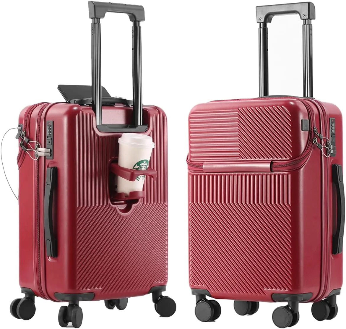 Hardside Carry On Luggage Airline Approved with Cup Holder,Lightweight PC Hard Shell Suitcases with Front Pocket, Spinner Wheels, TSA Lock (Red, 20inch)