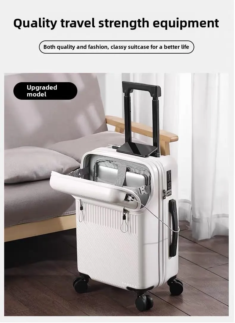Hardside Carry On Luggage Airline Approved with Cup Holder,Lightweight PC Hard Shell Suitcases with Front Pocket, Spinner Wheels, TSA Lock (White, 20inch)