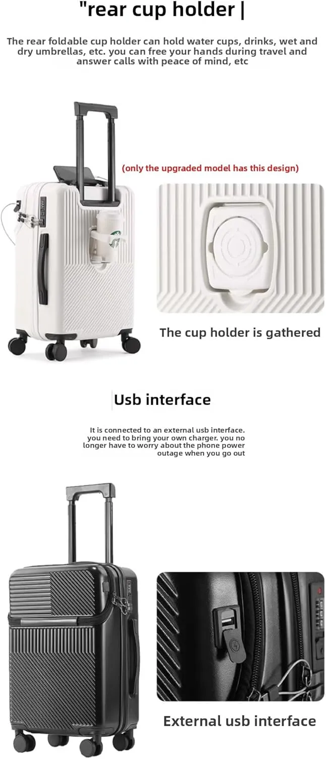 Hardside Carry On Luggage Airline Approved with Cup Holder,Lightweight PC Hard Shell Suitcases with Front Pocket, Spinner Wheels, TSA Lock (White, 20inch)