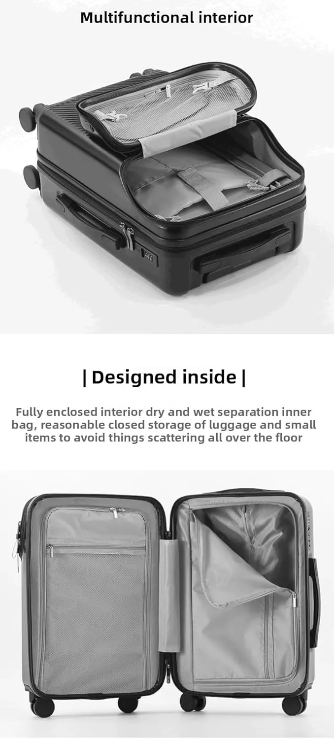 Hardside Carry On Luggage Airline Approved with Cup Holder,Lightweight PC Hard Shell Suitcases with Front Pocket, Spinner Wheels, TSA Lock (White, 20inch)