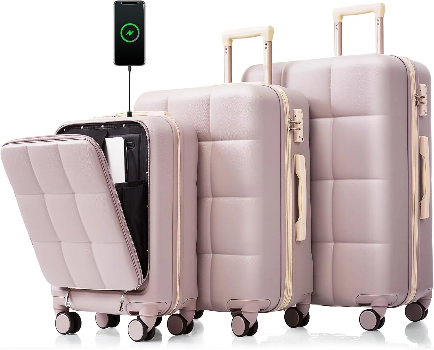Luggage Sets 3 Piece, Durable Lightweight Travel Luggages with USB Port(20''), Spinner Wheels & Cup Holder, Hardside Carry On Suitcase Set for Men Women, 20" 24" 28" (RosyBrown)