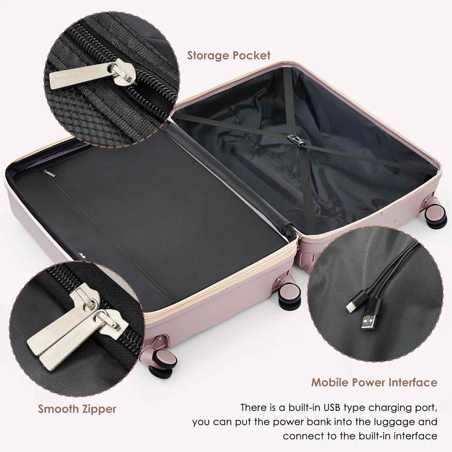 Luggage Sets 3 Piece, Durable Lightweight Travel Luggages with USB Port(20''), Spinner Wheels & Cup Holder, Hardside Carry On Suitcase Set for Men Women, 20" 24" 28" (RosyBrown)