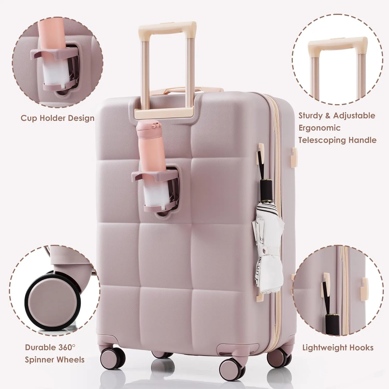 Luggage Sets 3 Piece, Durable Lightweight Travel Luggages with USB Port(20''), Spinner Wheels & Cup Holder, Hardside Carry On Suitcase Set for Men Women, 20" 24" 28" (RosyBrown)