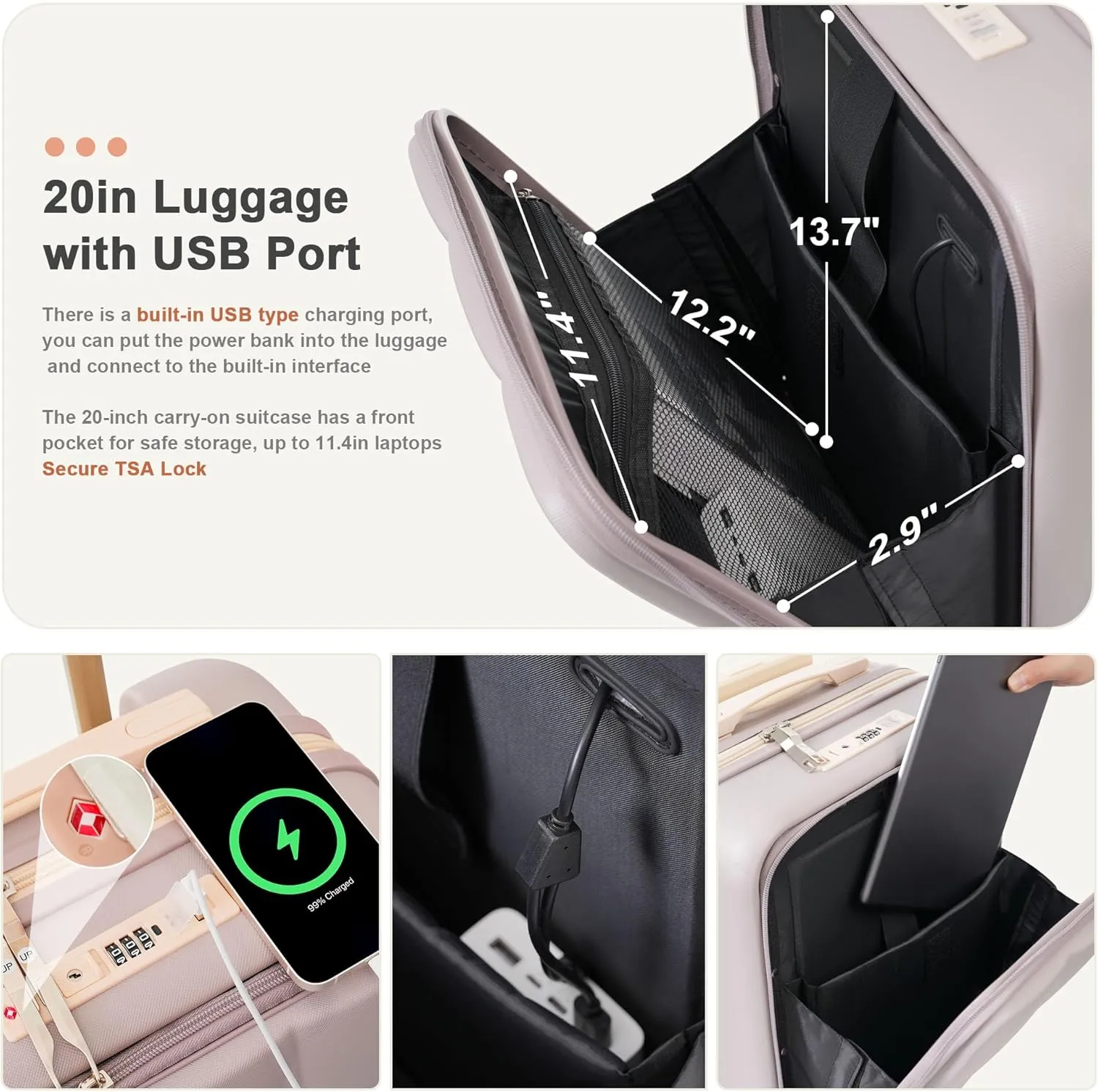 Luggage Sets 3 Piece, Durable Lightweight Travel Luggages with USB Port(20''), Spinner Wheels & Cup Holder, Hardside Carry On Suitcase Set for Men Women, 20" 24" 28" (RosyBrown)