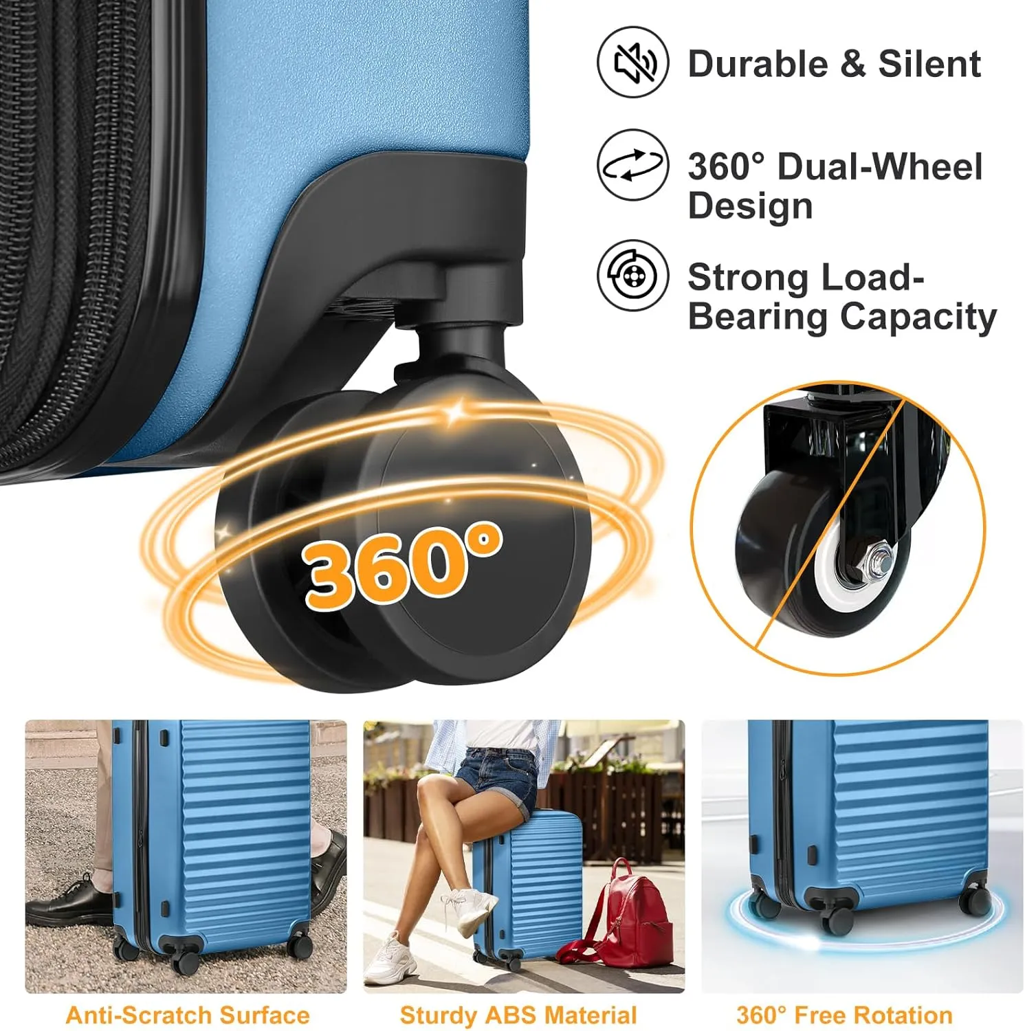 Luggage Sets 4 Pieces Suitcase with Spinner Wheels TSA Lock, Durable Lightweight Travel Luggages with USB Port, Hardside Carry On Suitcase Set for Men Women, 14" 20" 24" 28", Blue
