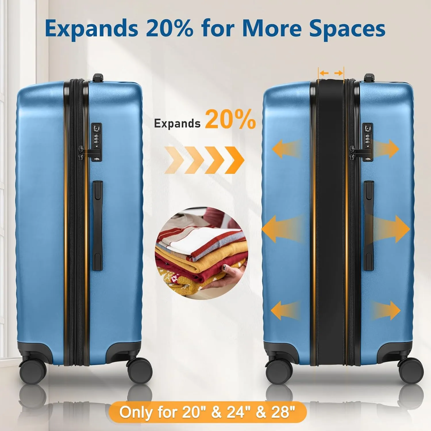 Luggage Sets 4 Pieces Suitcase with Spinner Wheels TSA Lock, Durable Lightweight Travel Luggages with USB Port, Hardside Carry On Suitcase Set for Men Women, 14" 20" 24" 28", Blue
