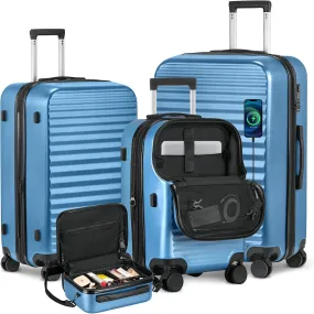 Luggage Sets 4 Pieces Suitcase with Spinner Wheels TSA Lock, Durable Lightweight Travel Luggages with USB Port, Hardside Carry On Suitcase Set for Men Women, 14" 20" 24" 28", Blue