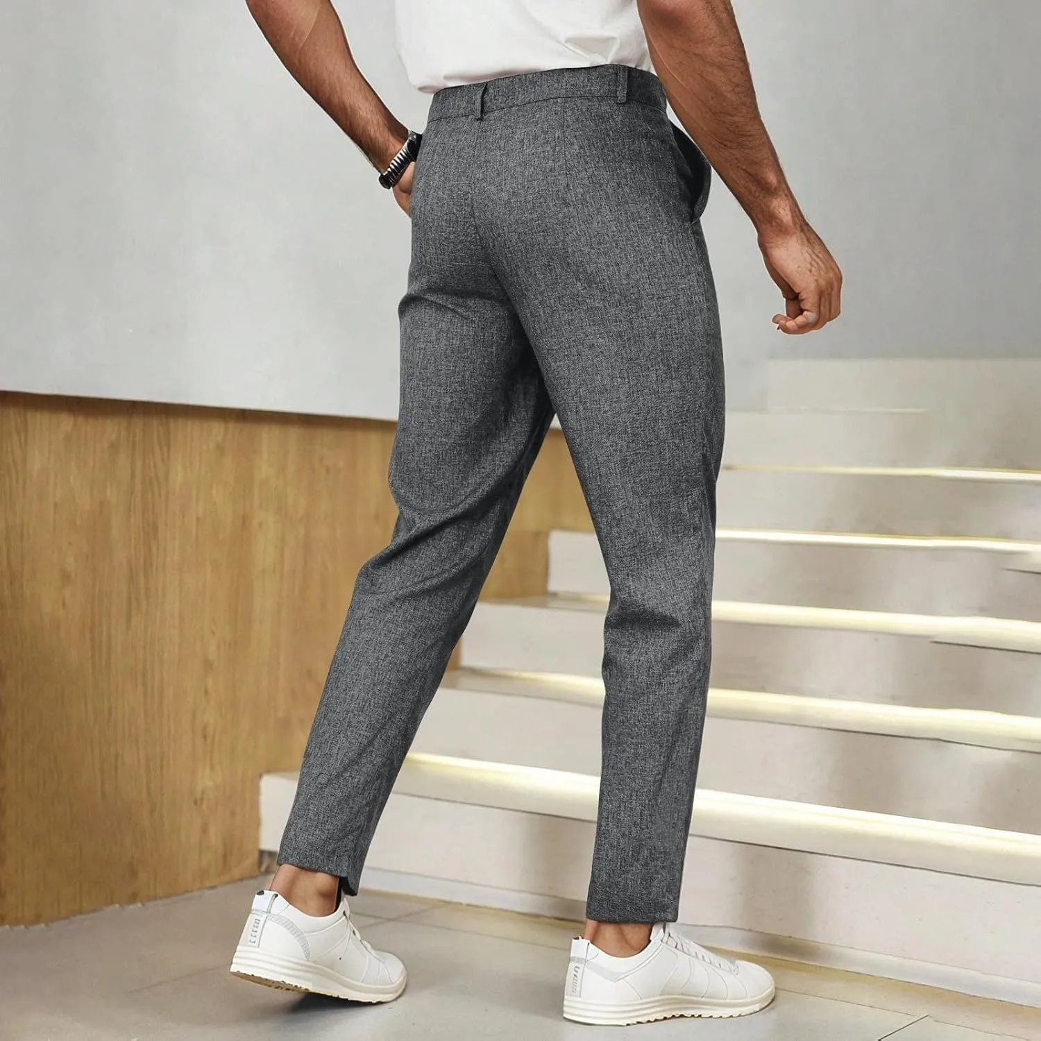 Mens Cotton Linen Drawstring Pants, Full Length Mid Waist Elastic Waistband Casual Jogger Yoga Pants Flexible Joggers