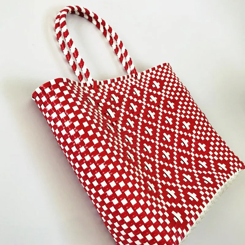 NEW Summer Beach Basket Bag Capacity Heavy Duty Handmade Woven Pp Plastic Handbag Plaid Checks Teacher Tote Shopping Bag