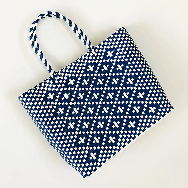 NEW Summer Beach Basket Bag Capacity Heavy Duty Handmade Woven Pp Plastic Handbag Plaid Checks Teacher Tote Shopping Bag
