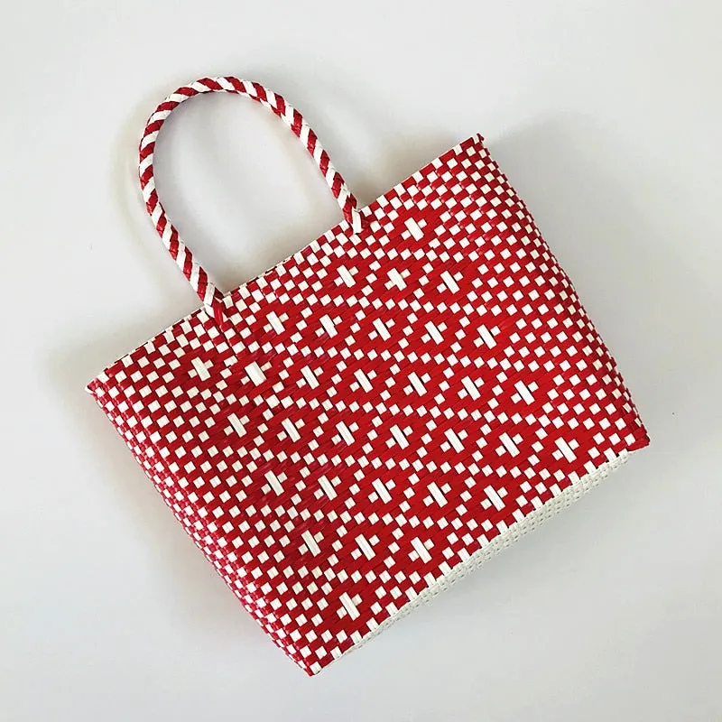 NEW Summer Beach Basket Bag Capacity Heavy Duty Handmade Woven Pp Plastic Handbag Plaid Checks Teacher Tote Shopping Bag