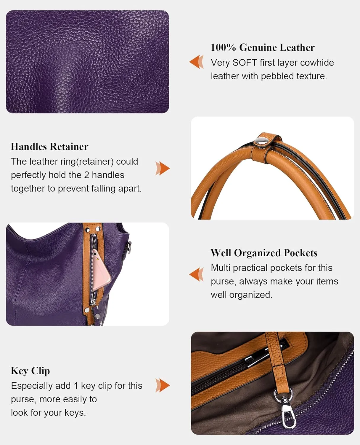 Over Earth Genuine Leather Handbags for Women Hobo Shoulder Bags Ladies Tote Bag