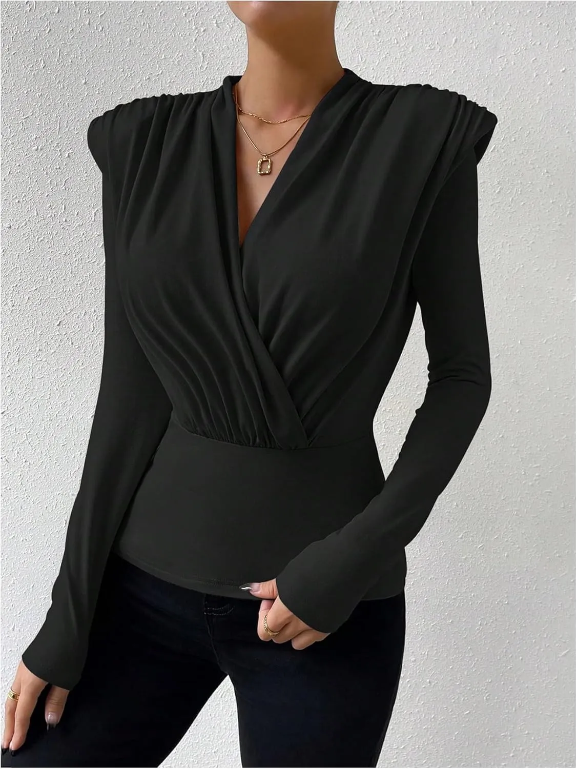 OYOANGLE Women's Wrap V Neck Long Sleeve T Shirt Shoulder Pads Ruched Slim Fit Elegant Tee Tops