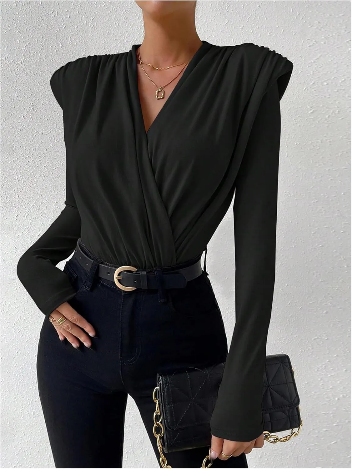 OYOANGLE Women's Wrap V Neck Long Sleeve T Shirt Shoulder Pads Ruched Slim Fit Elegant Tee Tops