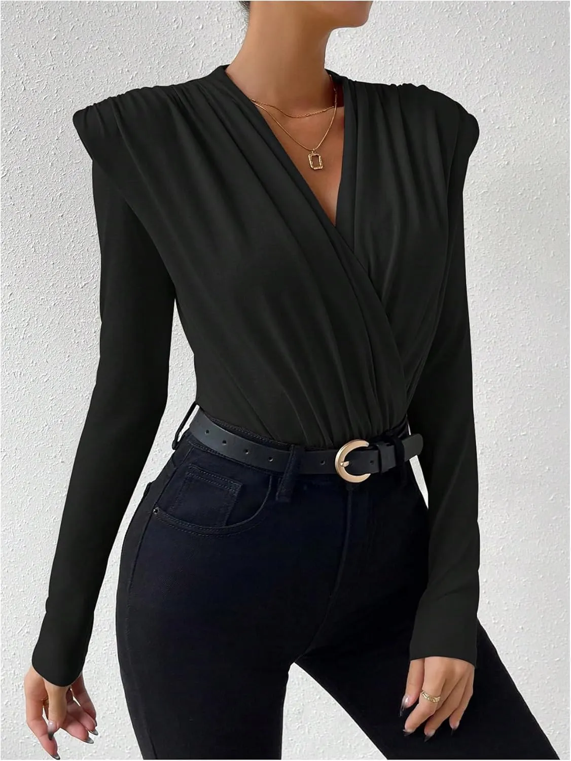 OYOANGLE Women's Wrap V Neck Long Sleeve T Shirt Shoulder Pads Ruched Slim Fit Elegant Tee Tops