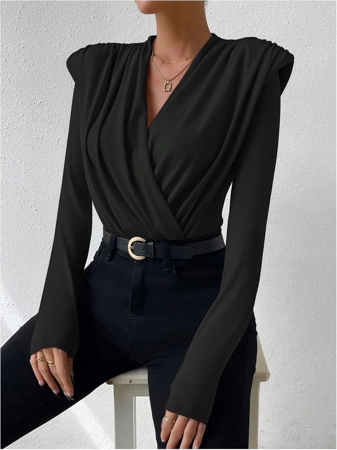 OYOANGLE Women's Wrap V Neck Long Sleeve T Shirt Shoulder Pads Ruched Slim Fit Elegant Tee Tops