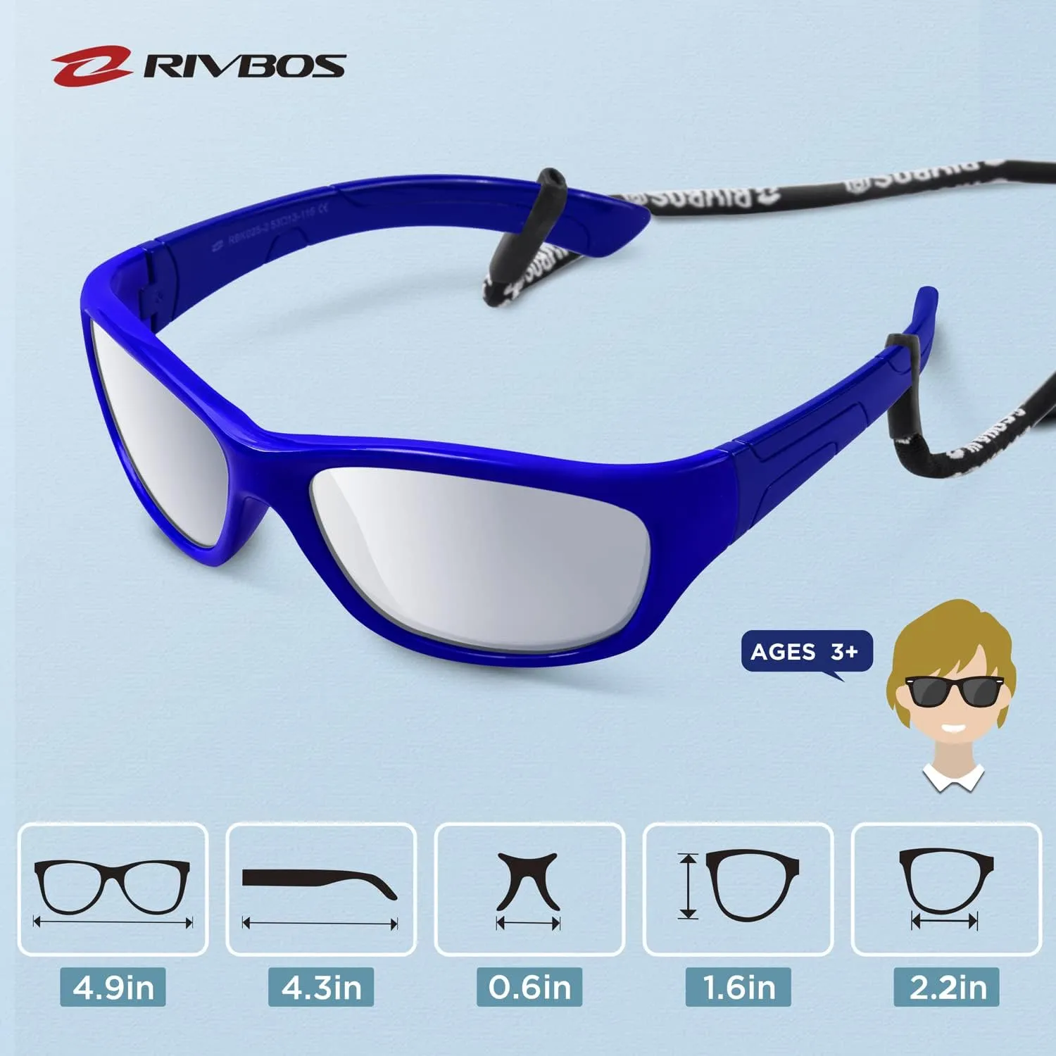 RIVBOS Kids Sunglasses with Strap Polarized UV Protection Flexible Rubber Shades for Boys Girls RBK023