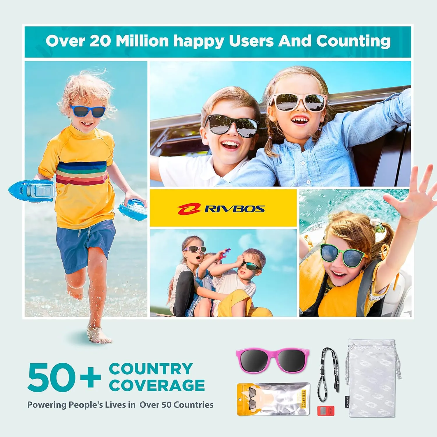 RIVBOS Kids Sunglasses with Strap Polarized UV Protection Flexible Rubber Shades for Boys Girls RBK023