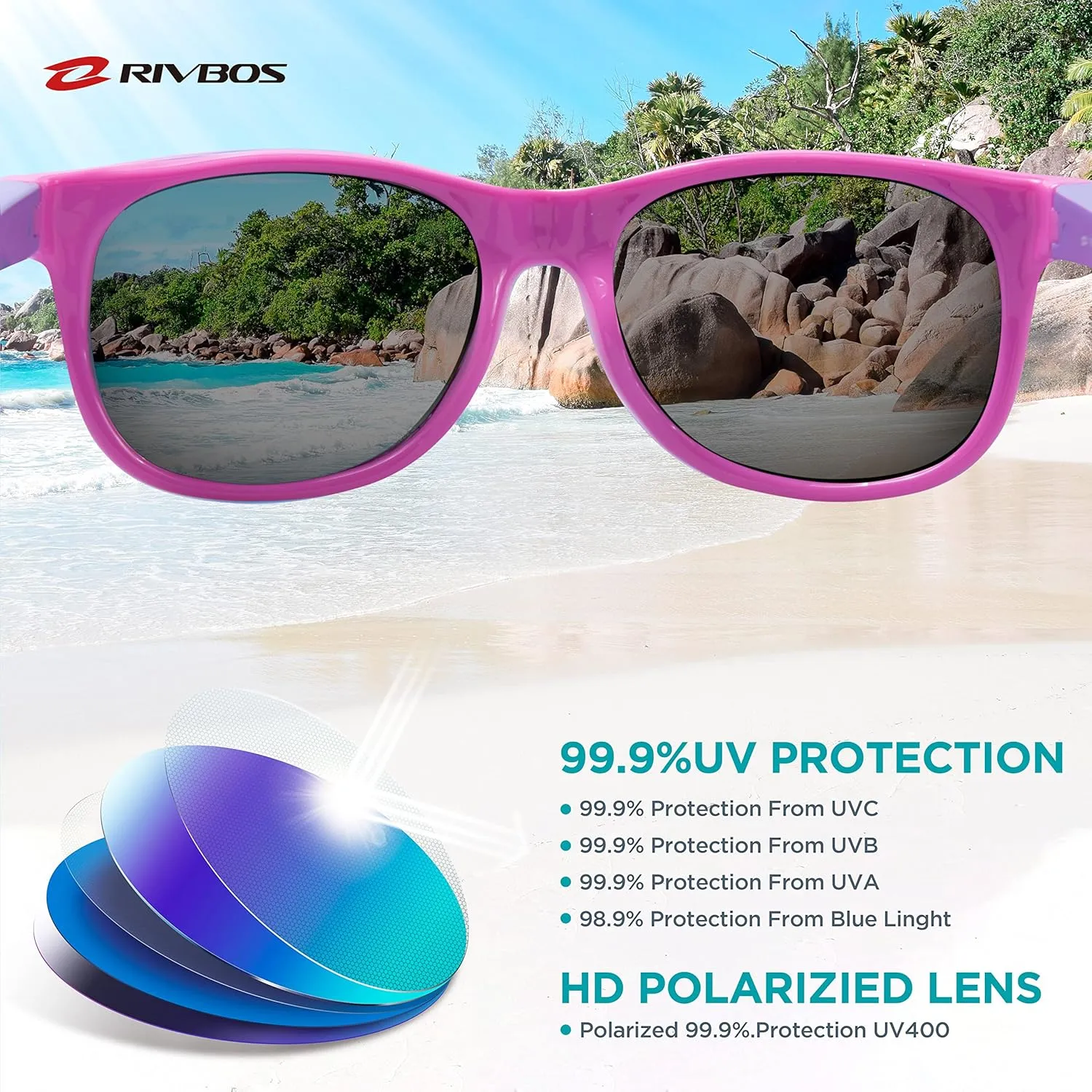 RIVBOS Kids Sunglasses with Strap Polarized UV Protection Flexible Rubber Shades for Boys Girls RBK023