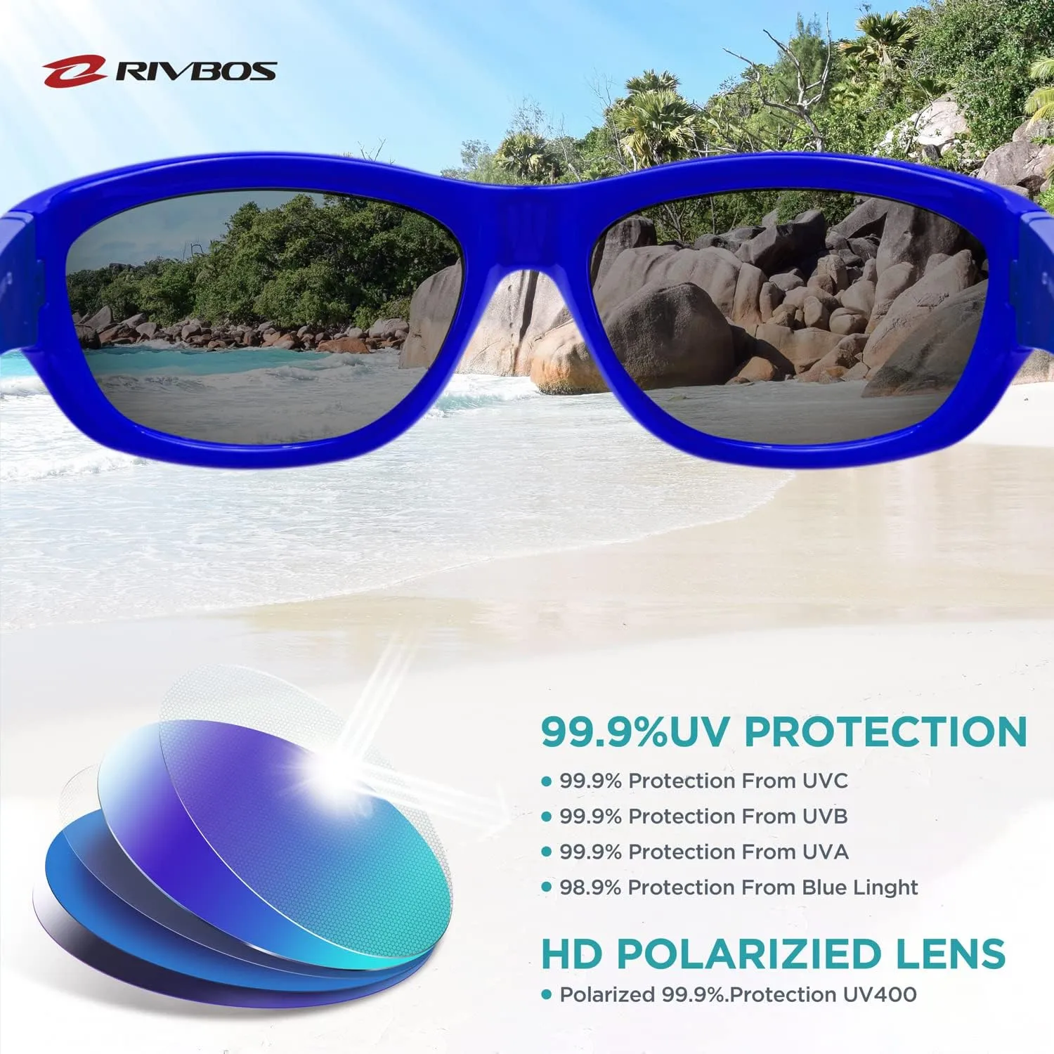 RIVBOS Kids Sunglasses with Strap Polarized UV Protection Flexible Rubber Shades for Boys Girls RBK023