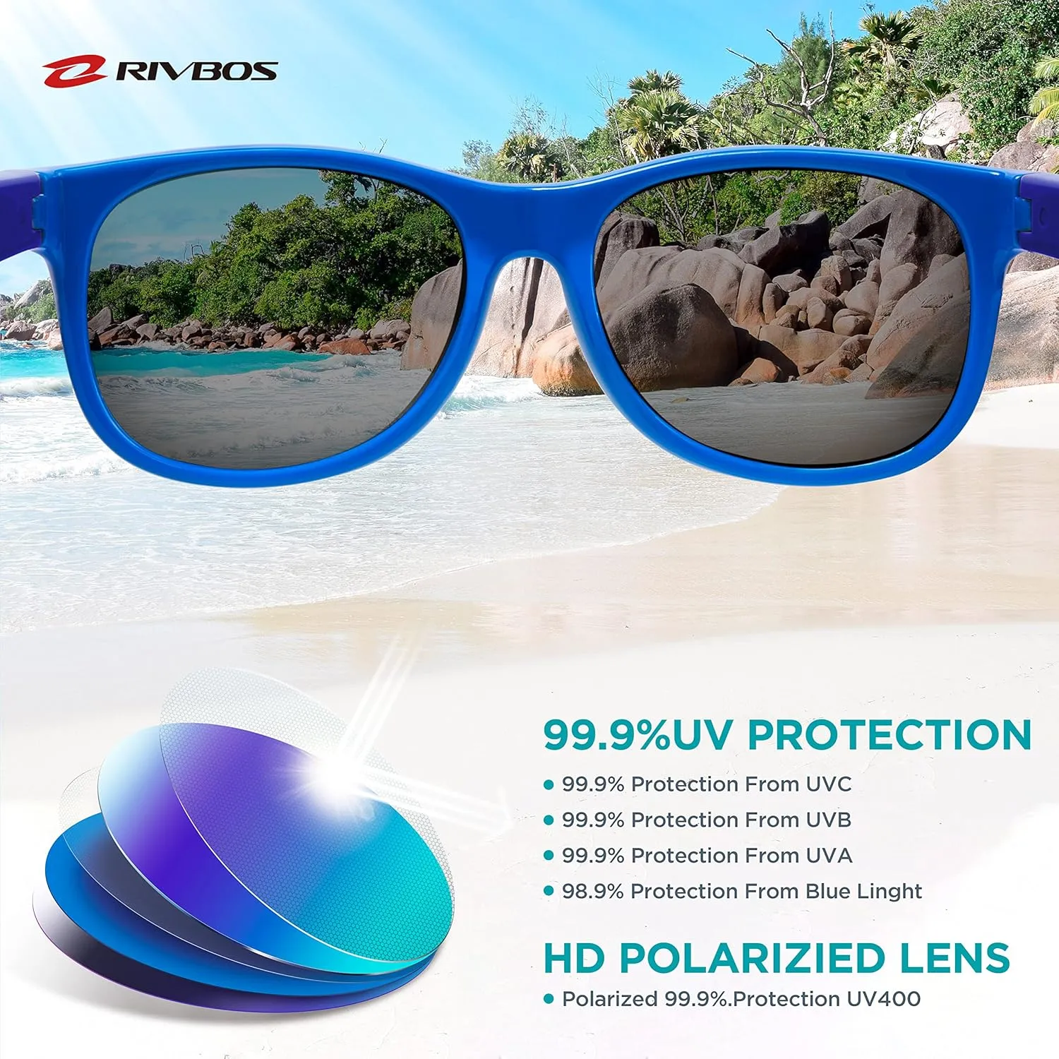 RIVBOS Kids Sunglasses with Strap Polarized UV Protection Flexible Rubber Shades for Boys Girls RBK023