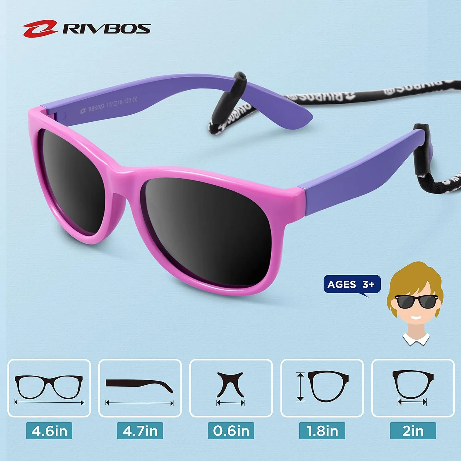 RIVBOS Kids Sunglasses with Strap Polarized UV Protection Flexible Rubber Shades for Boys Girls RBK023