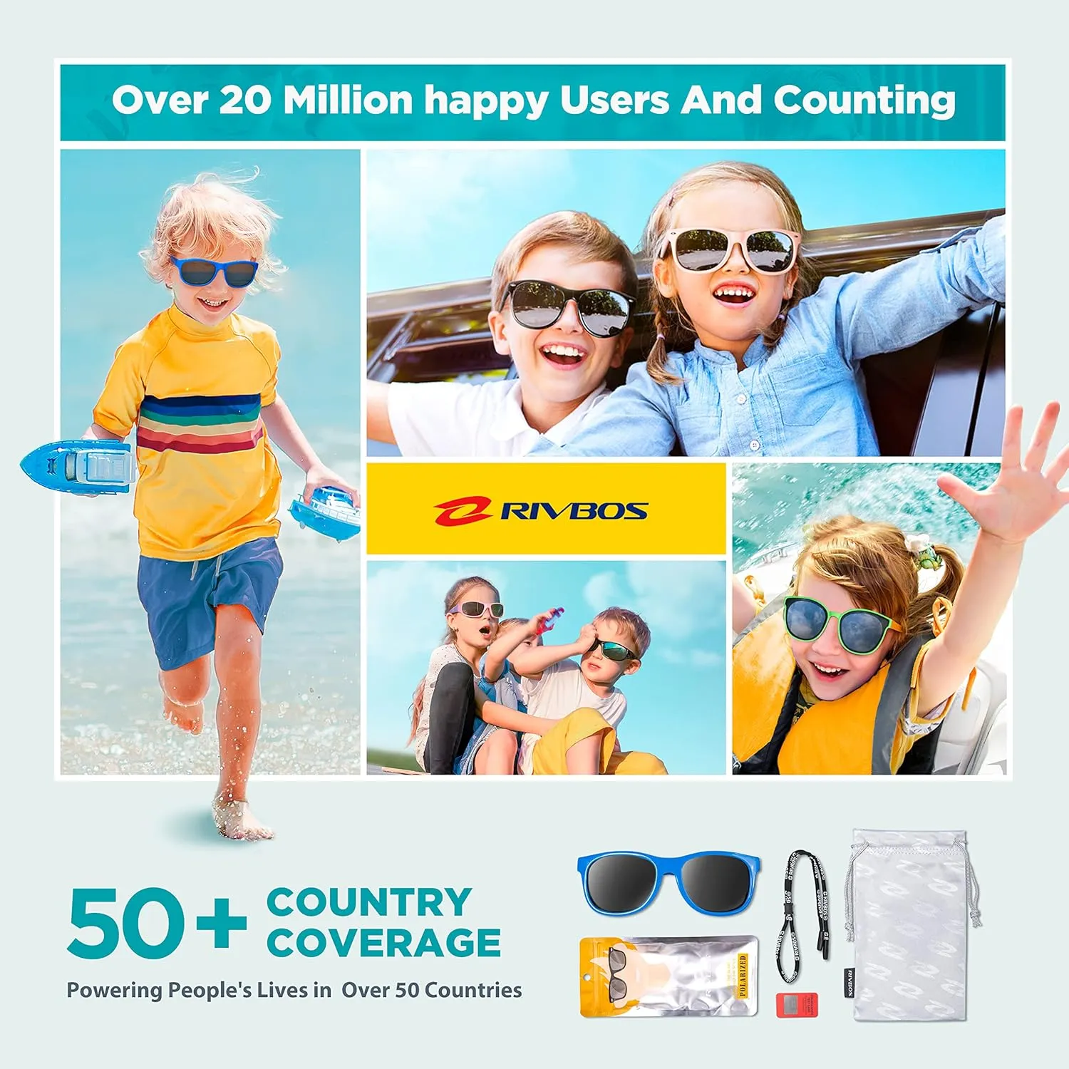 RIVBOS Kids Sunglasses with Strap Polarized UV Protection Flexible Rubber Shades for Boys Girls RBK023