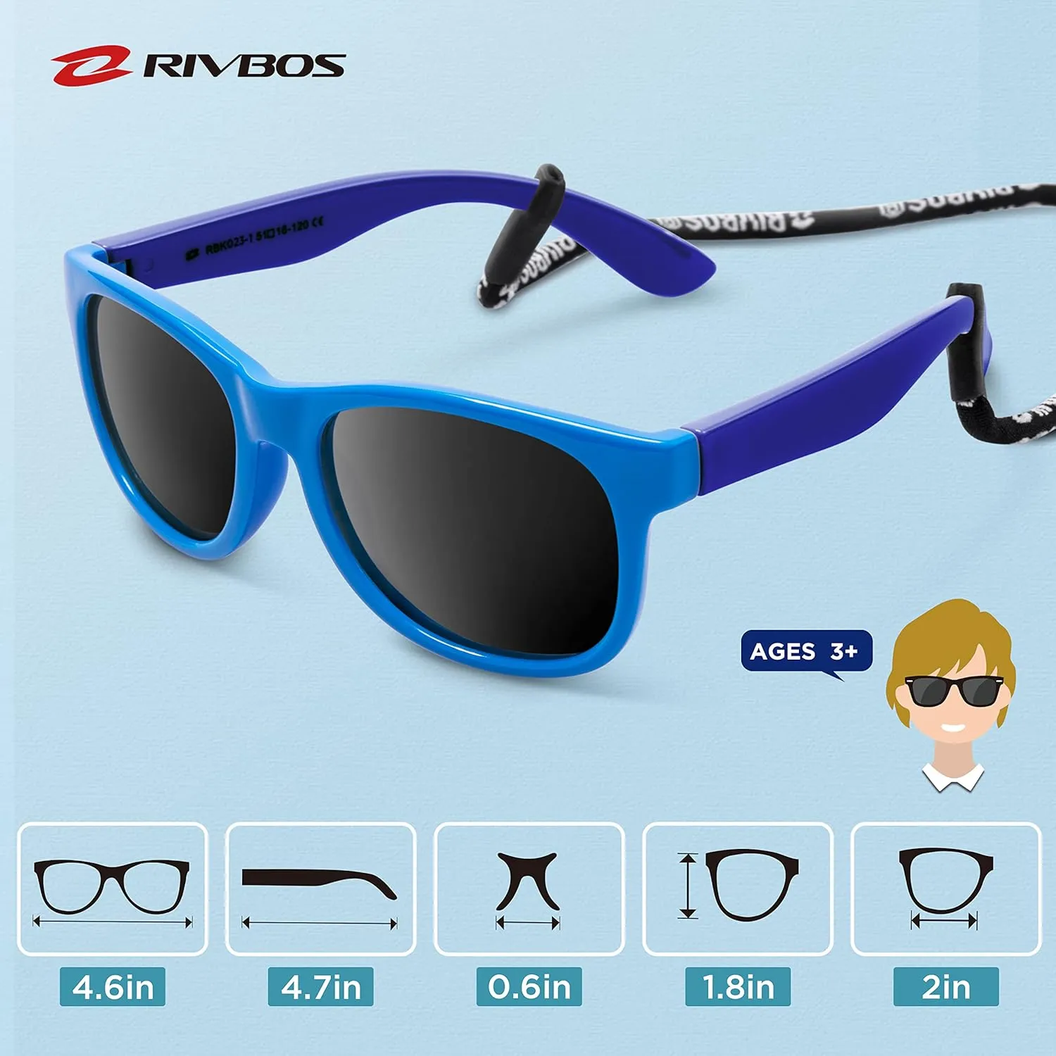 RIVBOS Kids Sunglasses with Strap Polarized UV Protection Flexible Rubber Shades for Boys Girls RBK023