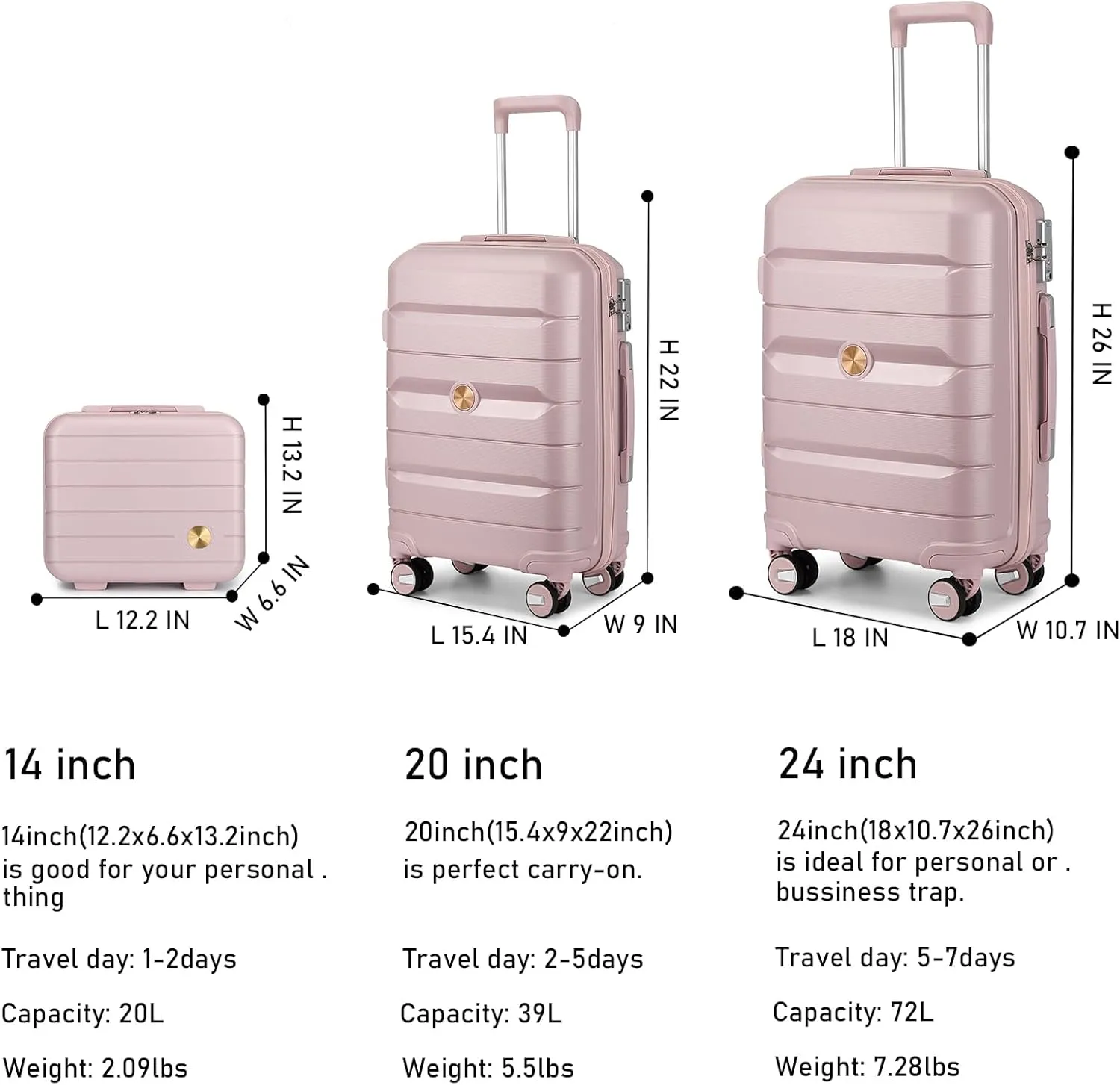 Somago 3 Pieces Luggage Set(14/20/24) PP Lightweight 4 Double 360 Degrees Mute Spinner Wheels Suitcase with TSA Lock & YKK Zipper (Rose Pink)