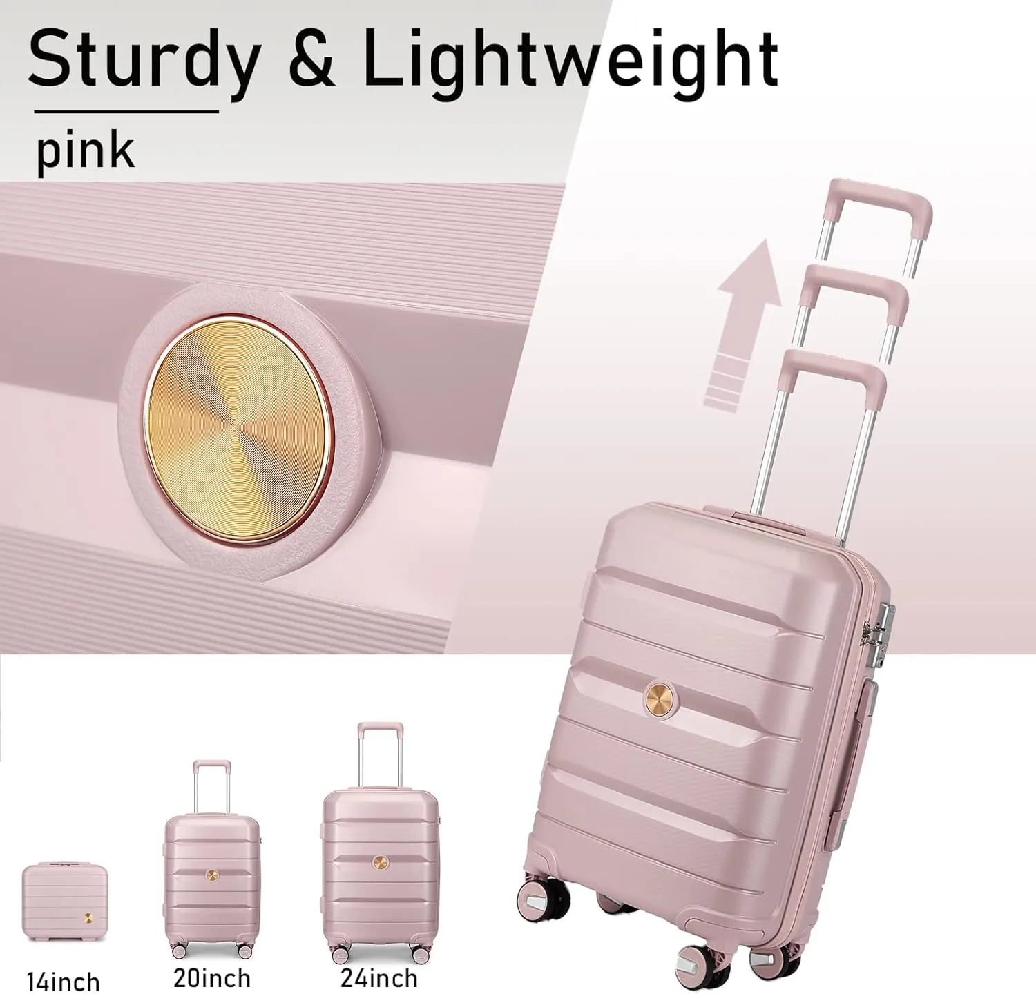 Somago 3 Pieces Luggage Set(14/20/24) PP Lightweight 4 Double 360 Degrees Mute Spinner Wheels Suitcase with TSA Lock & YKK Zipper (Rose Pink)