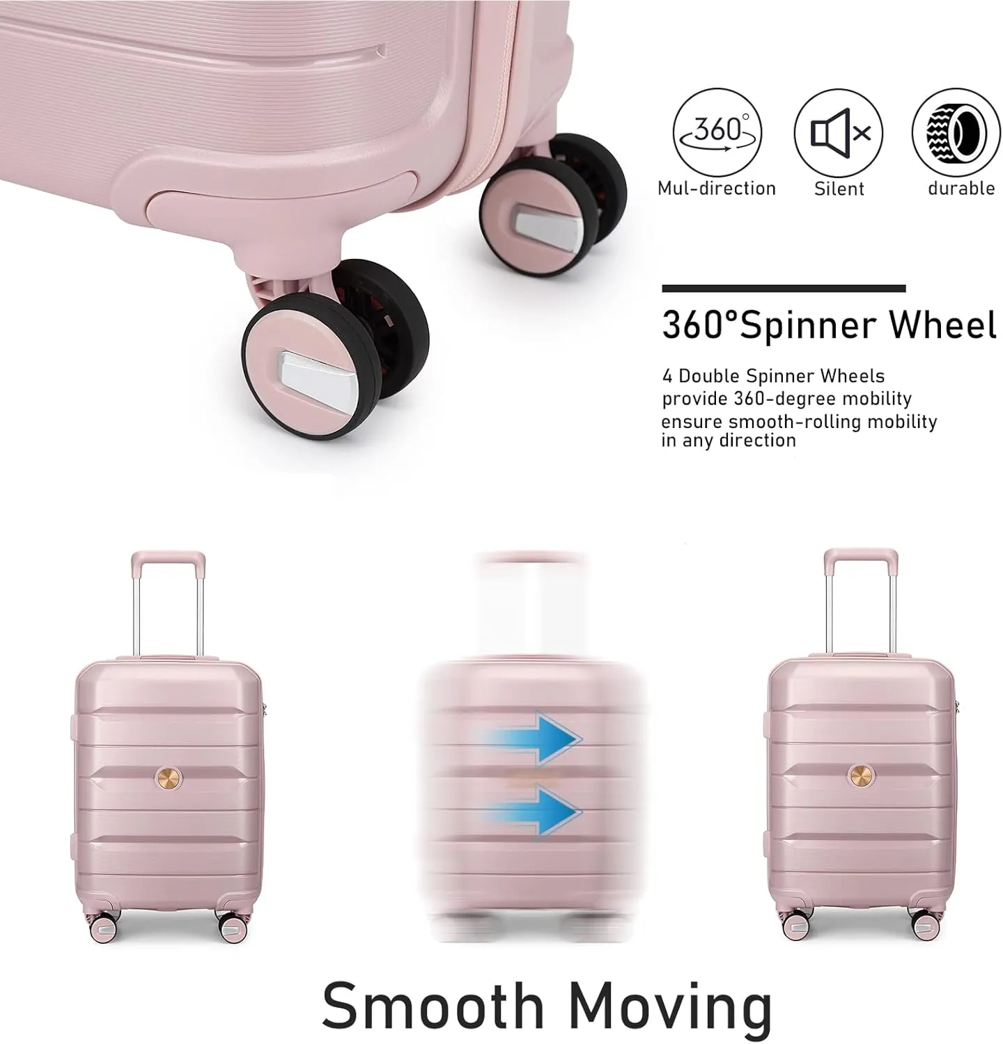 Somago 3 Pieces Luggage Set(14/20/24) PP Lightweight 4 Double 360 Degrees Mute Spinner Wheels Suitcase with TSA Lock & YKK Zipper (Rose Pink)