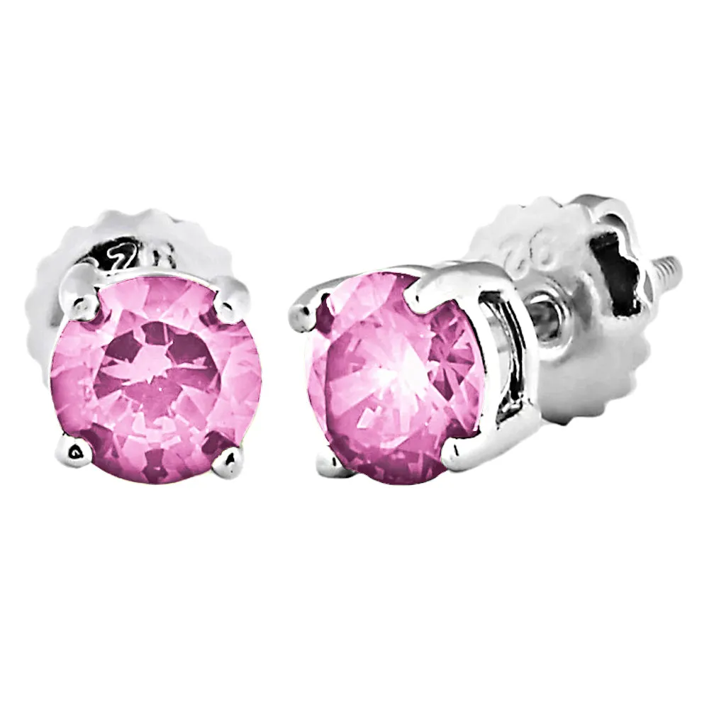 Trustmark Brilliant Cut Pink Tourmaline Ice CZ Screw Back Earrings Sterling Silver
