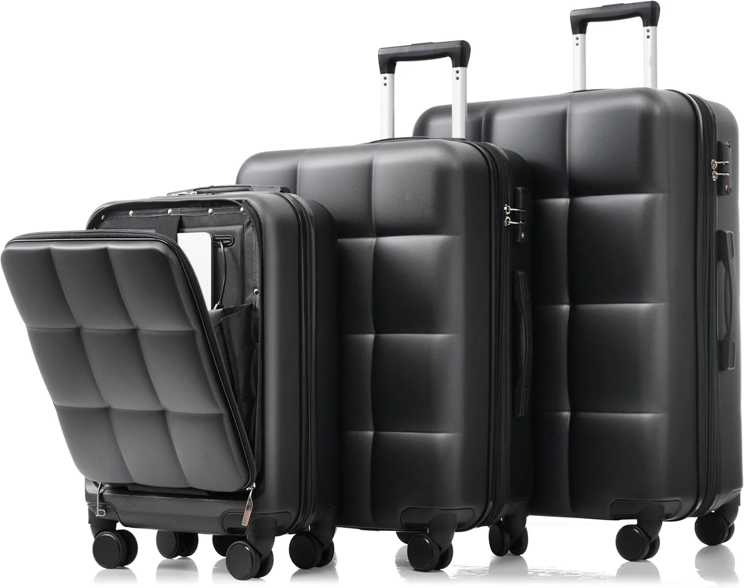 Versatile 3-Piece Luggage Set with USB Port, Front-Open Design and Spinner Wheels, Durable ABS, Black and Brown