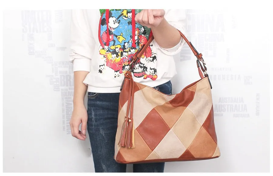 Women's Autumn Patchwork PU Leather Tote Handbag